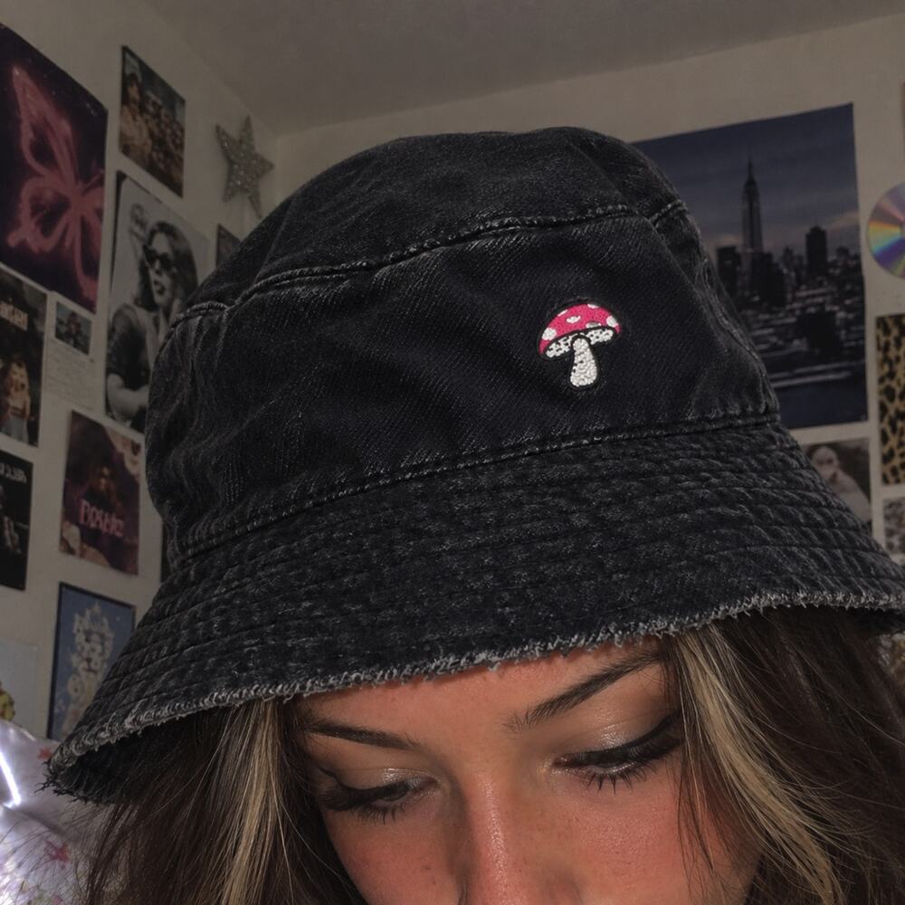 Mushroom Bucket Hat Black Y2K Nature Whimsigoth Cottagecore Grunge Embroidered